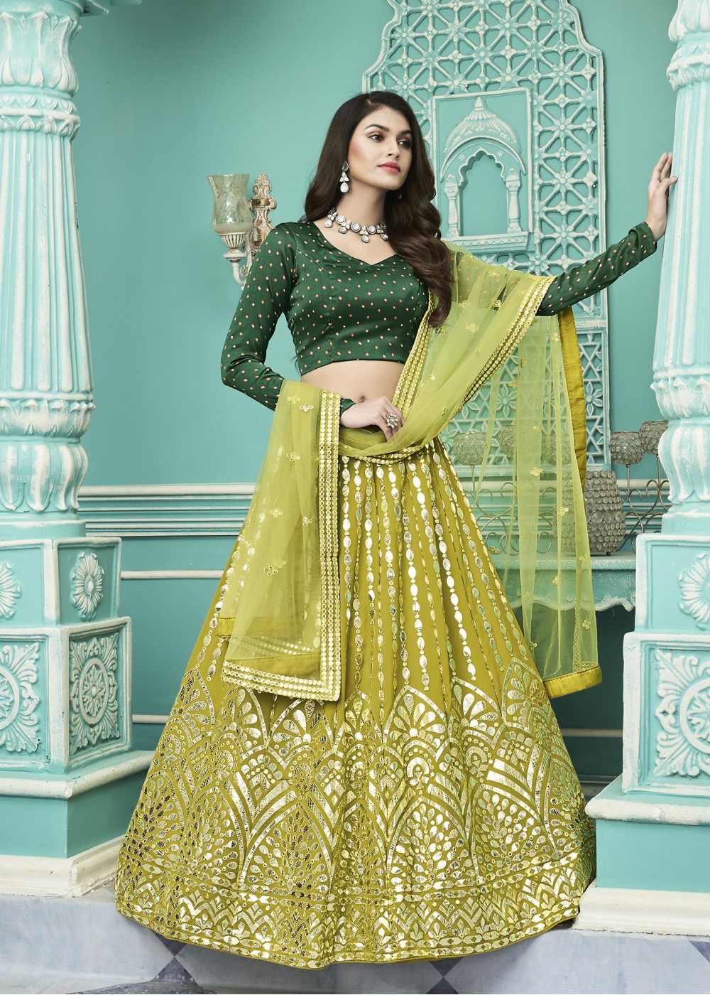 Green Printed Bridesmaid Lehenga Choli In Organza Latest 2233LG04