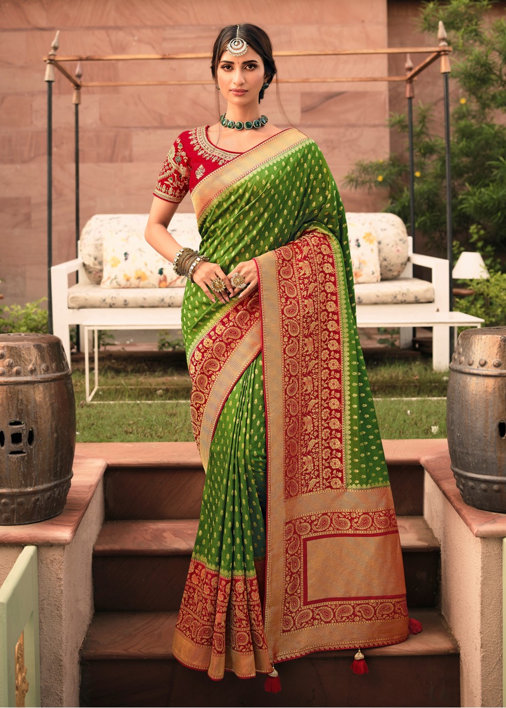 Silk Land Red & Green Woven Saree With Unstitched Blouse