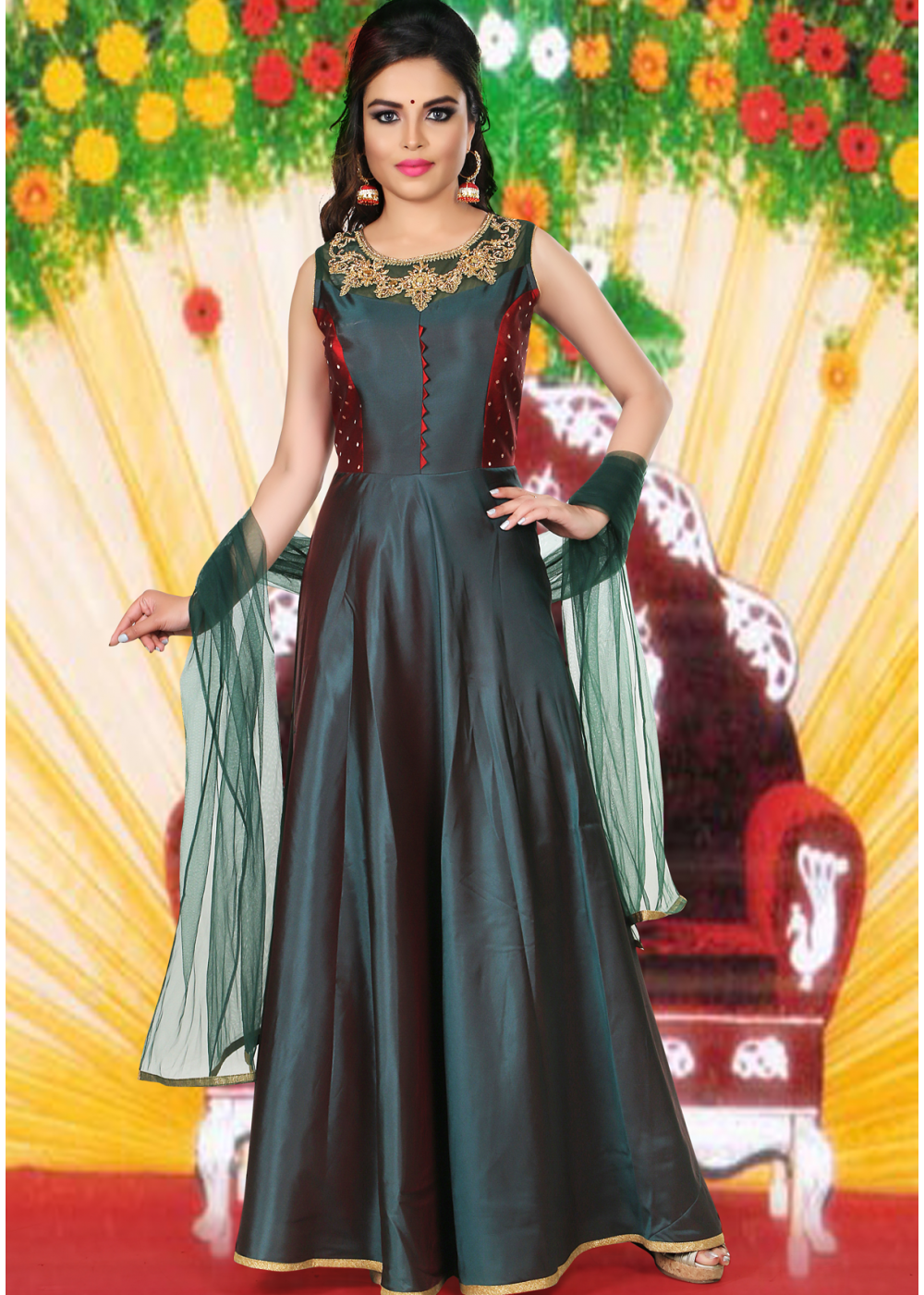 Dark Green With Maroon Color Party Wear Designer Gown