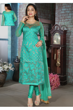 Turquoise Blue Color Silk Designer Straight Cut Chudidar