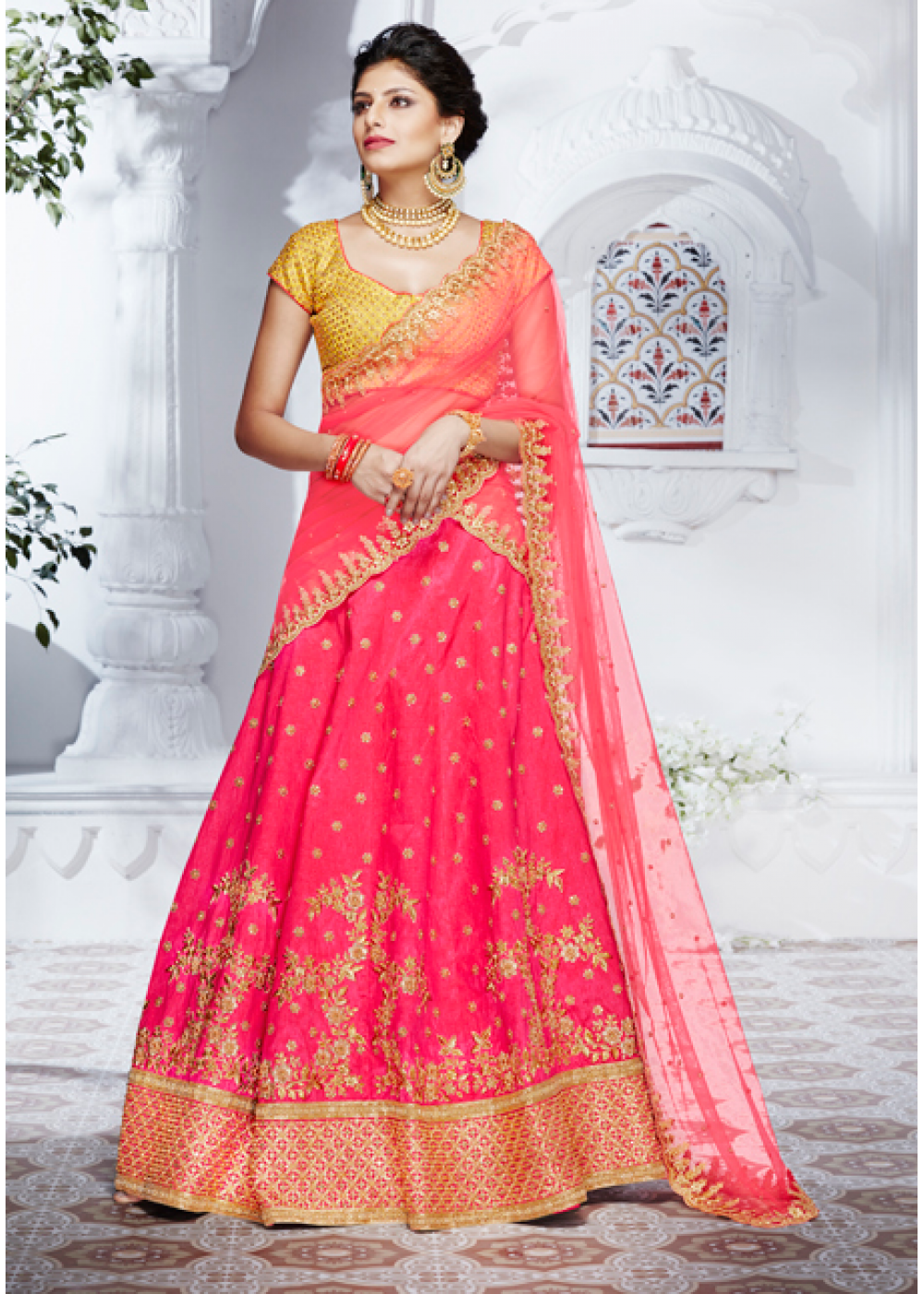 Pink-Mustard Festive Wear Embroidery With Woven Silk Lehenga Choli